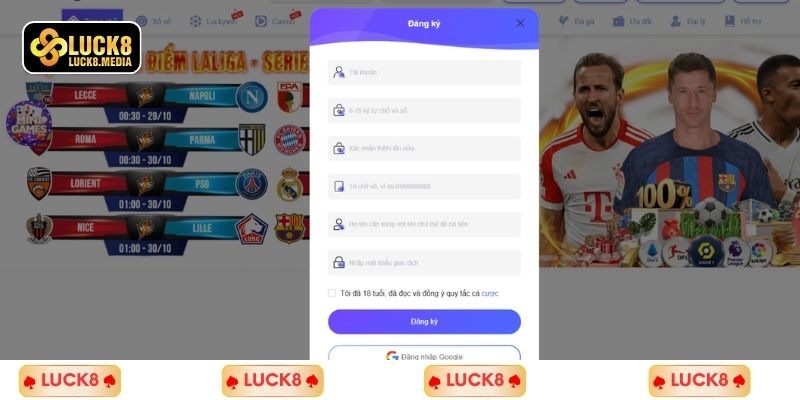 Trình tự các bước đăng ký tài khoản tại LUCK8